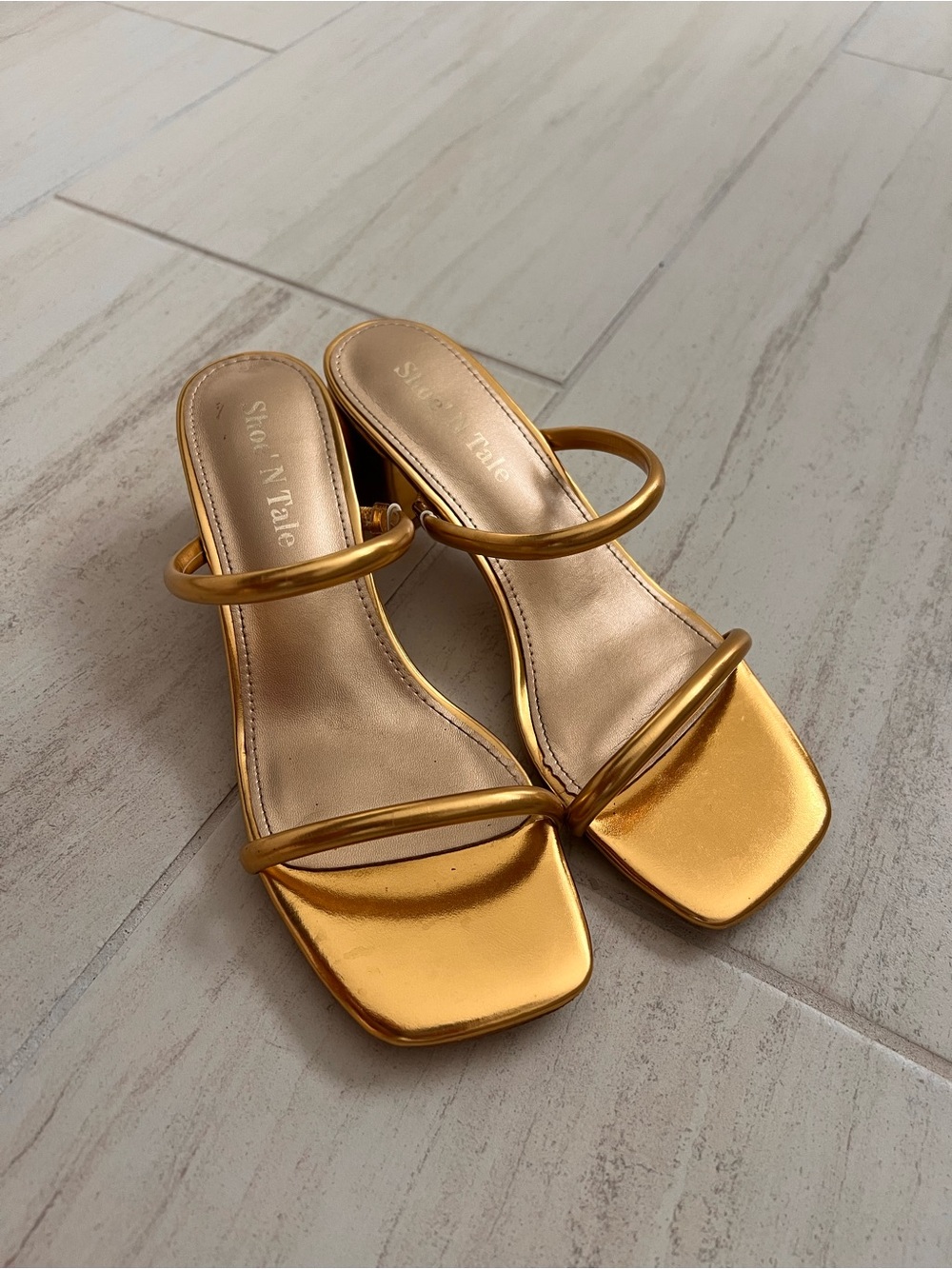 Shona Joy Gold Double-Strap Square-Toe Heeled Slides